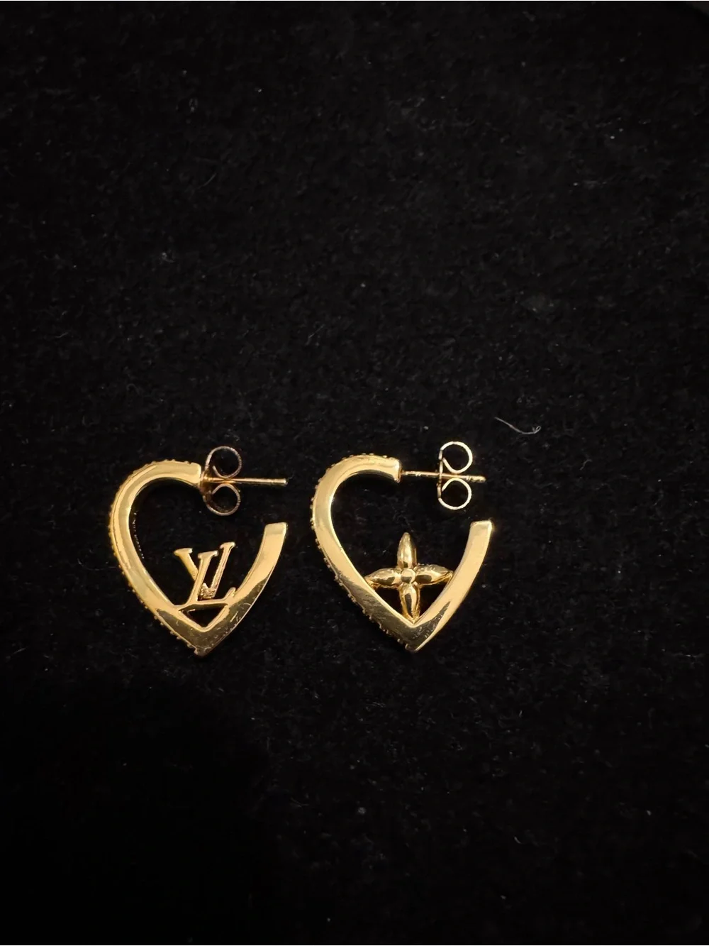 Louis Vuitton Gold Heart Stud Earrings with LV & Monogram Flower